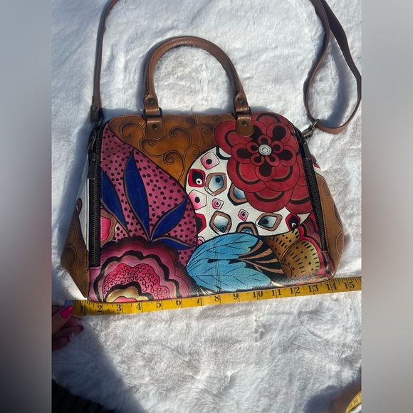 💕NWOT ANUSCHKA GENUINE LEATHER Hand Painted Floral Crossbody Satchel handbag💕 - Picture 8 of 11